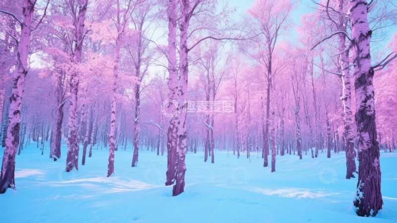 高清大图下载【趣麦麦图】粉紫色雪林静谧冬日景象