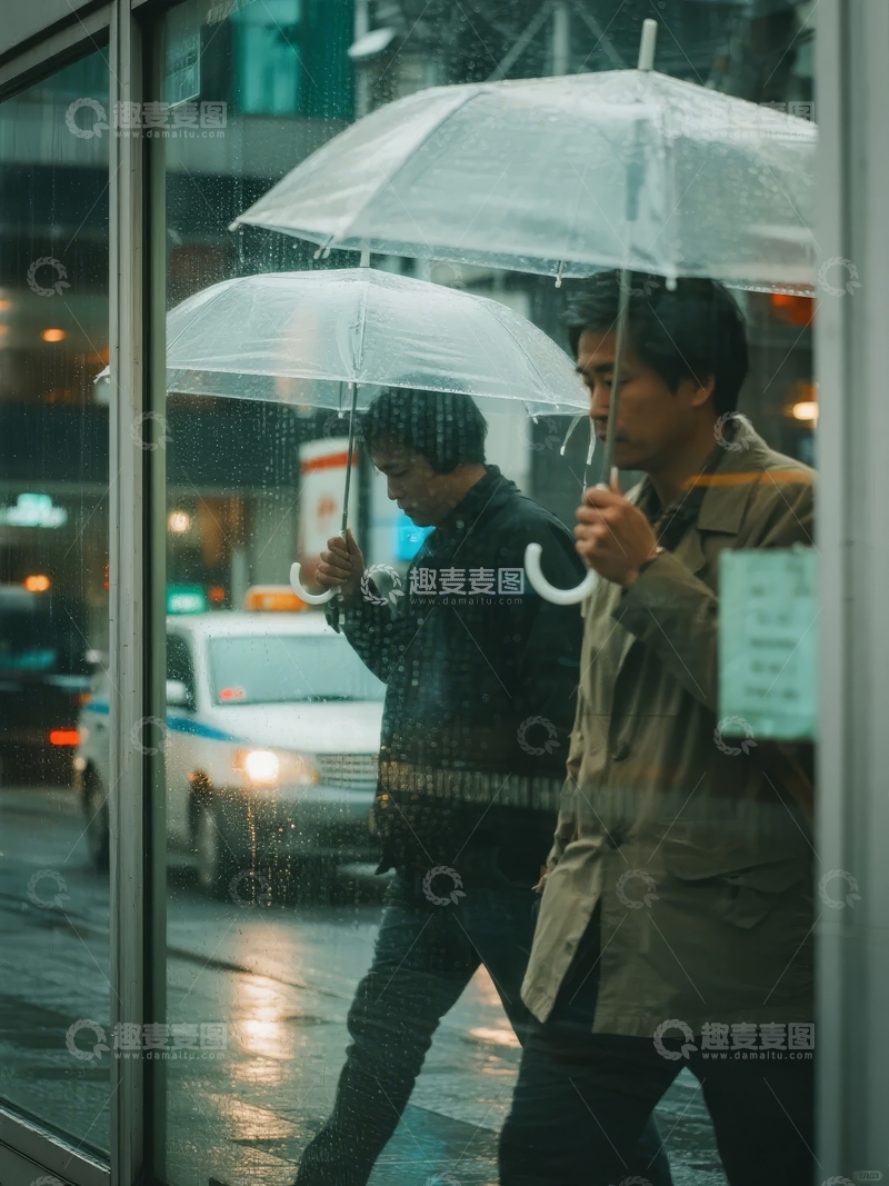 高清大图下载【趣麦麦图】雨天街头两人撑伞行走