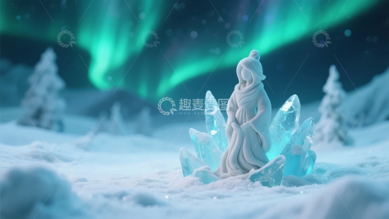 高清大图下载【趣麦麦图】雪地雕像仰望极光夜空