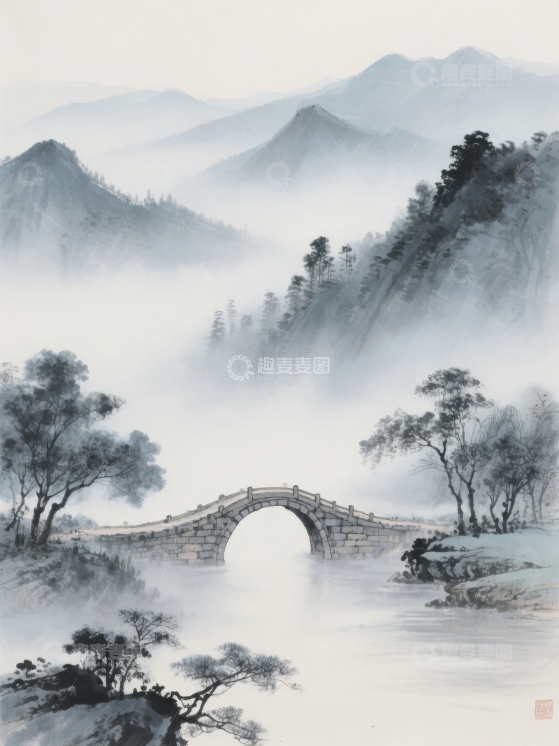 高清大图下载【趣麦麦图】水墨风格山水画中雾气缭绕的拱桥与远山