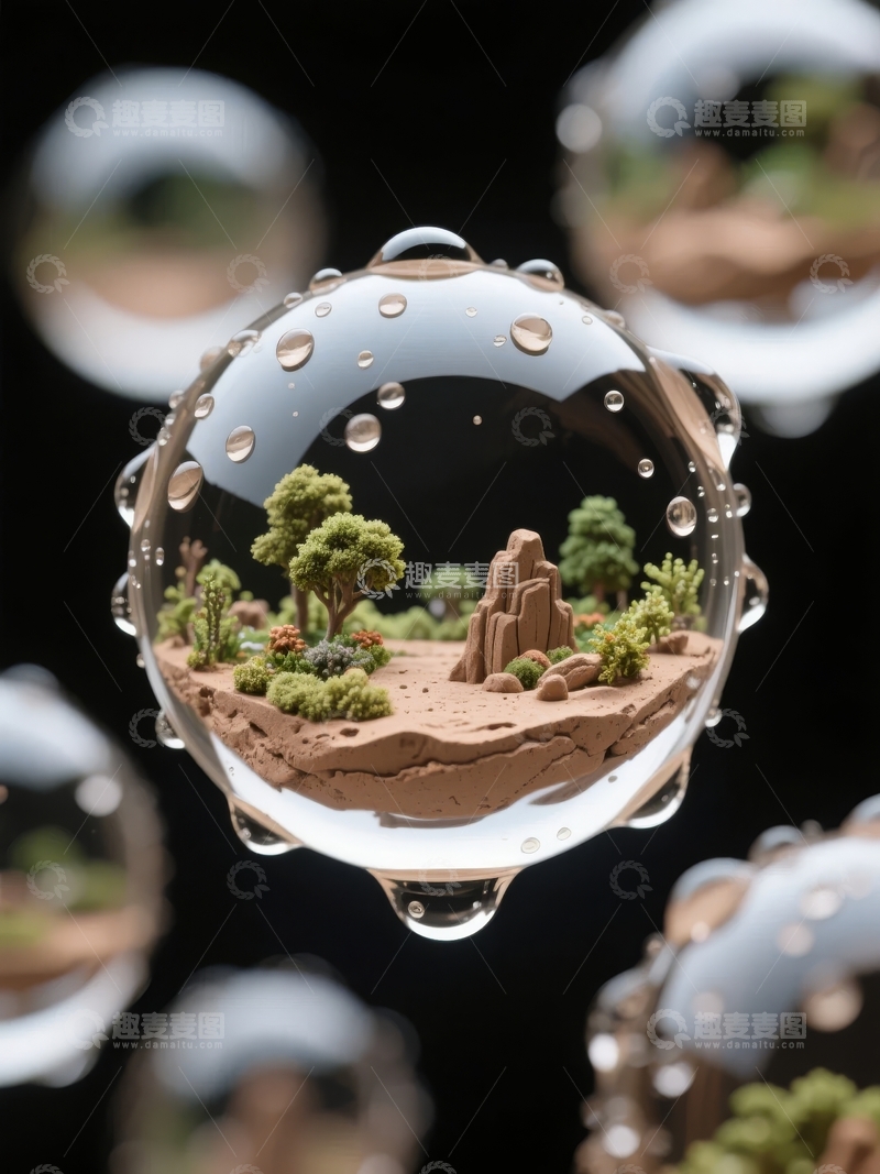 高清大图下载【趣麦麦图】微型生态球内绿植与岩石景观的精致微缩世界