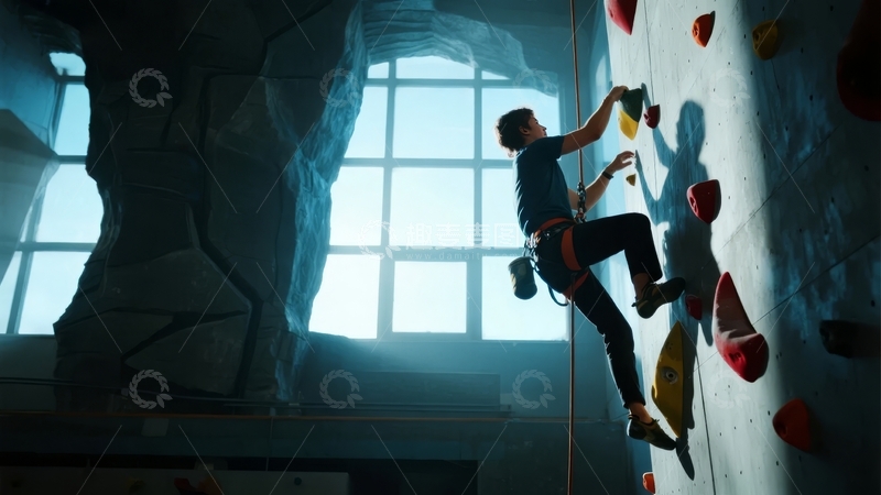 高清大图下载【趣麦麦图】室内攀岩墙前一人专注攀爬动作