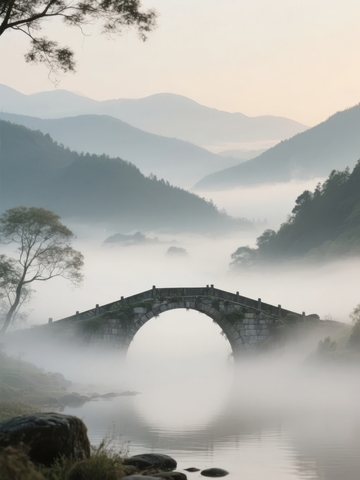 古桥横跨水面山峦环绕的宁静山水景观