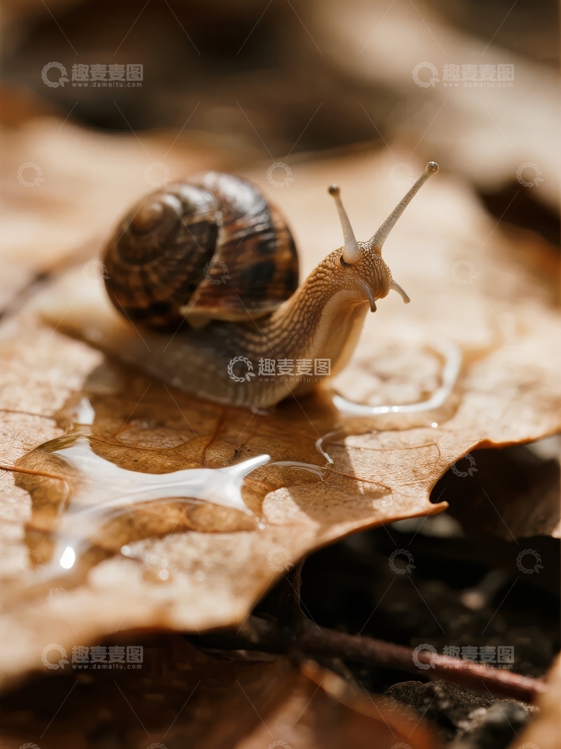 高清大图下载【趣麦麦图】一只蜗牛在落叶和水滴间的特写镜头