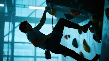 男子在室内攀岩墙上进行攀爬运动