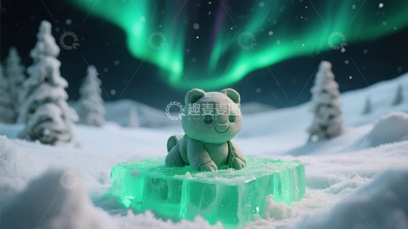 高清大图下载【趣麦麦图】雪地冰块上的卡通小熊北极光背景