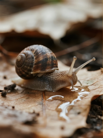蜗牛在落叶上爬行留下水迹