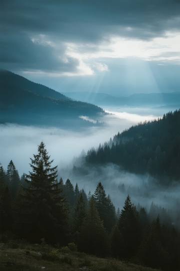 云层缝隙中阳光穿透雾气笼罩的森林山脉