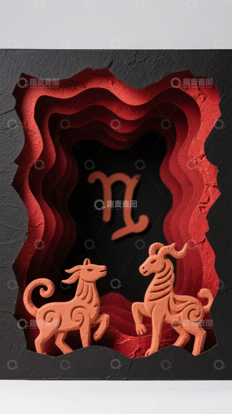 高清大图下载【趣麦麦图】红色层次立体艺术展现天蝎座符号与神秘生物形象
