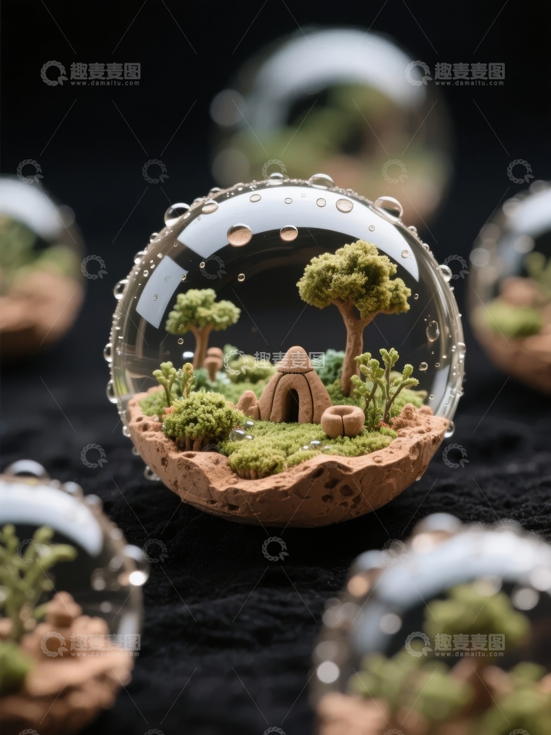 高清大图下载【趣麦麦图】微型玻璃球内精致微缩景观展示自然与建筑之美