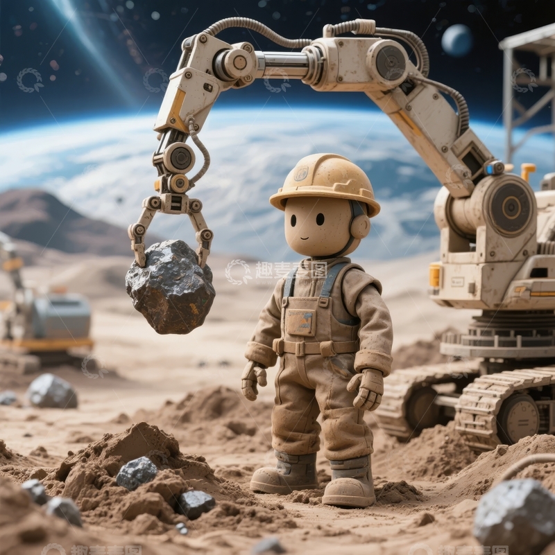 高清大图下载【趣麦麦图】宇航员在星球表面操作机械臂采集岩石样本