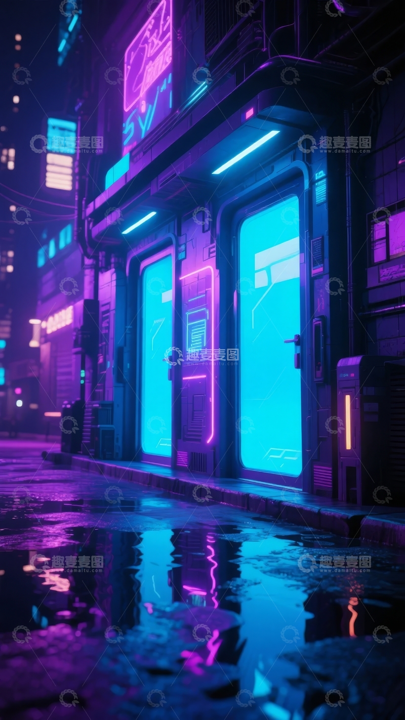 高清大图下载【趣麦麦图】霓虹灯照亮的雨夜街道反射出蓝色和紫色光芒