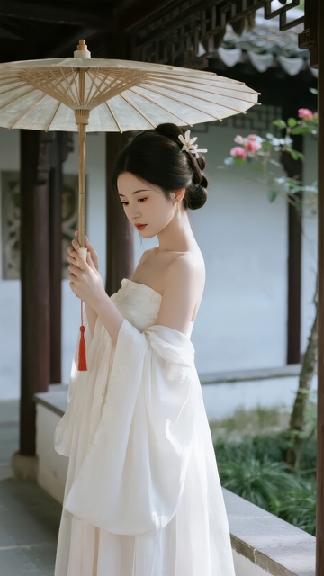 身着古装手持油纸伞的女子伫立于古典庭院中