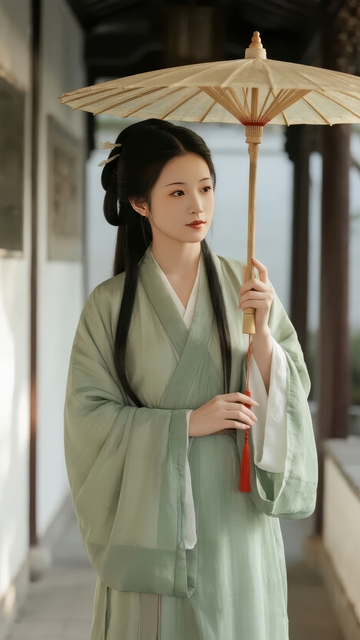 身着古装手持油纸伞的女子伫立于古典建筑廊下