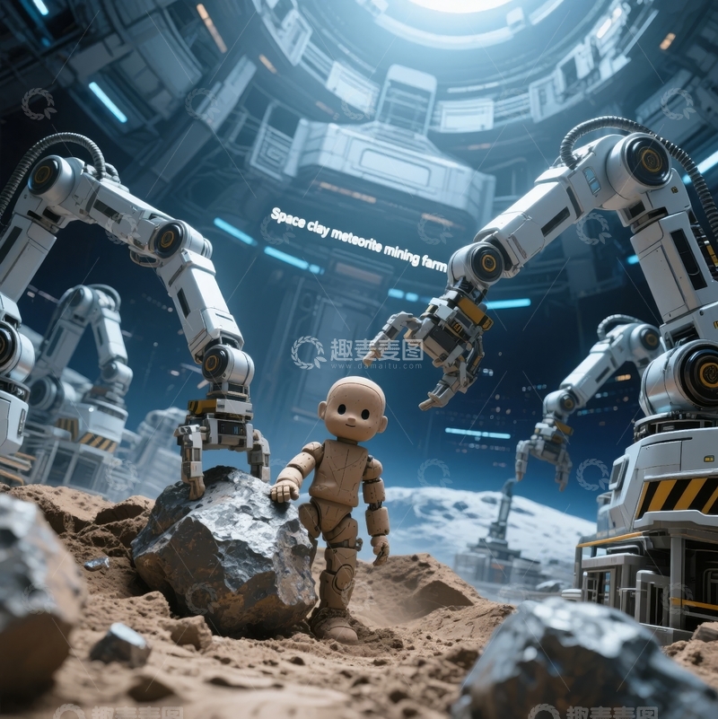 高清大图下载【趣麦麦图】未来太空基地中的机械臂与人形机器人