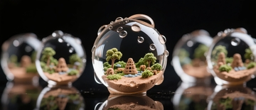微型景观玻璃球展示精致微缩自然与建筑模型
