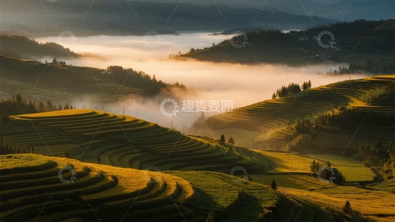 高清大图下载【趣麦麦图】晨曦中云雾缭绕的梯田风光