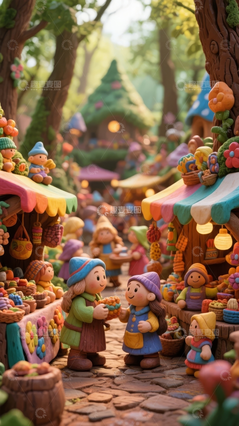 高清大图下载【趣麦麦图】奇幻森林集市热闹非凡小精灵们欢聚交易