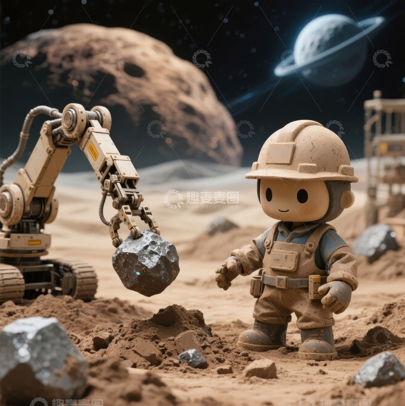 高清大图下载【趣麦麦图】宇航员在星球表面操作机械臂采集岩石样本