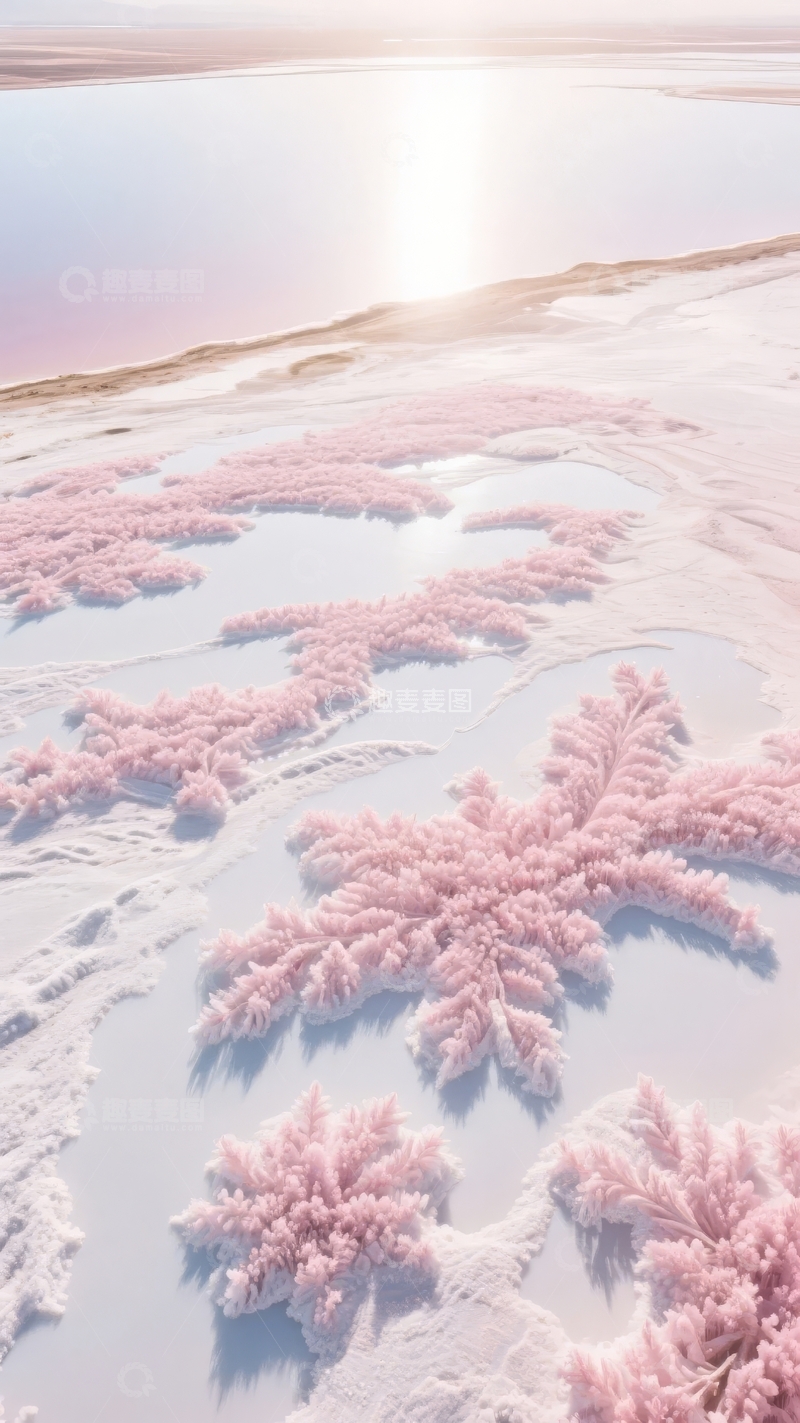 高清大图下载【趣麦麦图】冬季湖畔粉红色植物与雪景日落