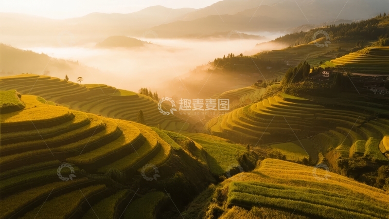 高清大图下载【趣麦麦图】日出时分云雾缭绕的梯田风光