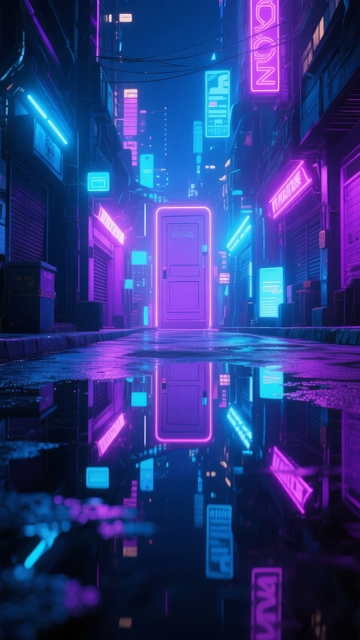 霓虹灯照亮的未来都市街道夜景