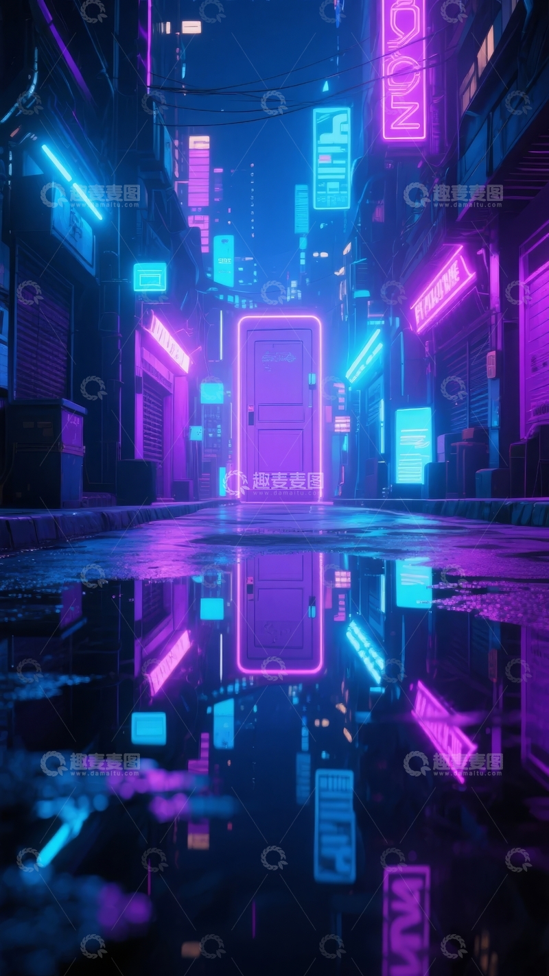 高清大图下载【趣麦麦图】霓虹灯照亮的未来都市街道夜景