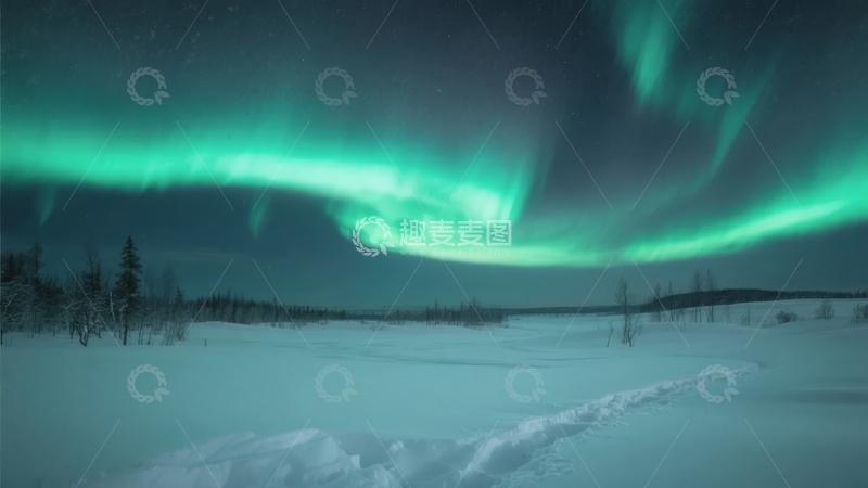 高清大图下载【趣麦麦图】雪地夜空下的绿色极光绚丽绽放