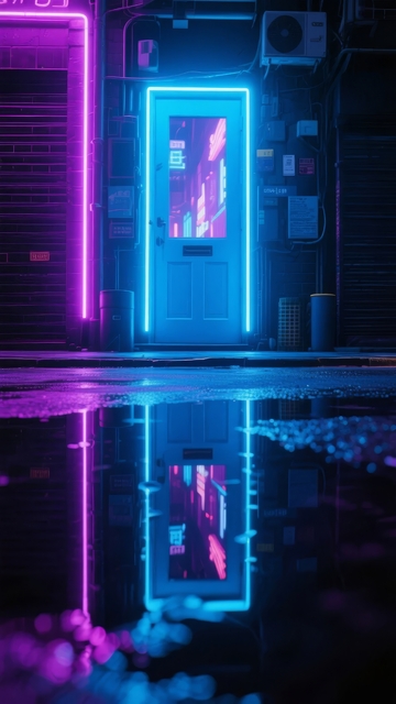 霓虹灯照亮的街道夜景水面倒影