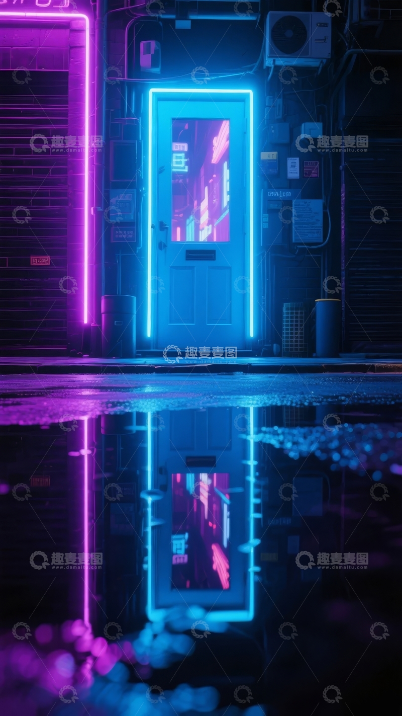 高清大图下载【趣麦麦图】霓虹灯照亮的街道夜景水面倒影