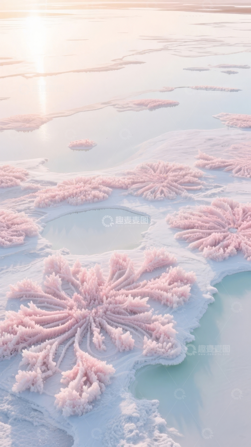 高清大图下载【趣麦麦图】日出时分盐湖上绽放的粉白结晶图案