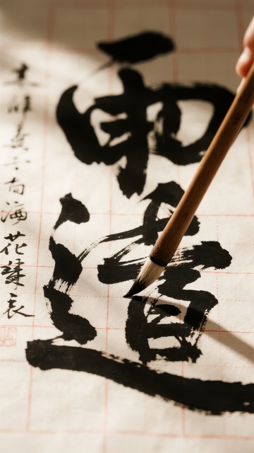 手握毛笔正在宣纸上书写汉字