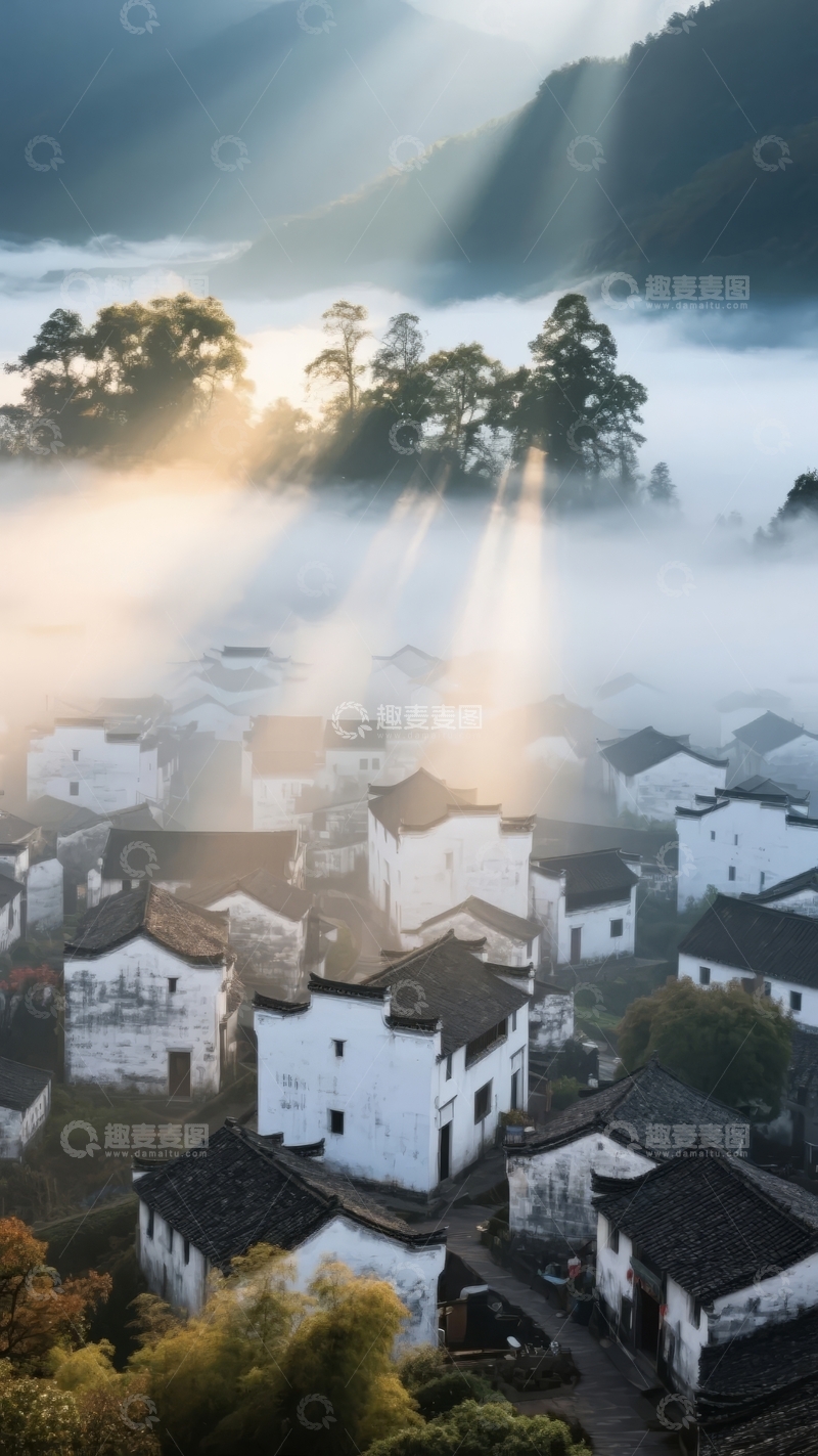 高清大图下载【趣麦麦图】晨光穿透云雾笼罩的古村落