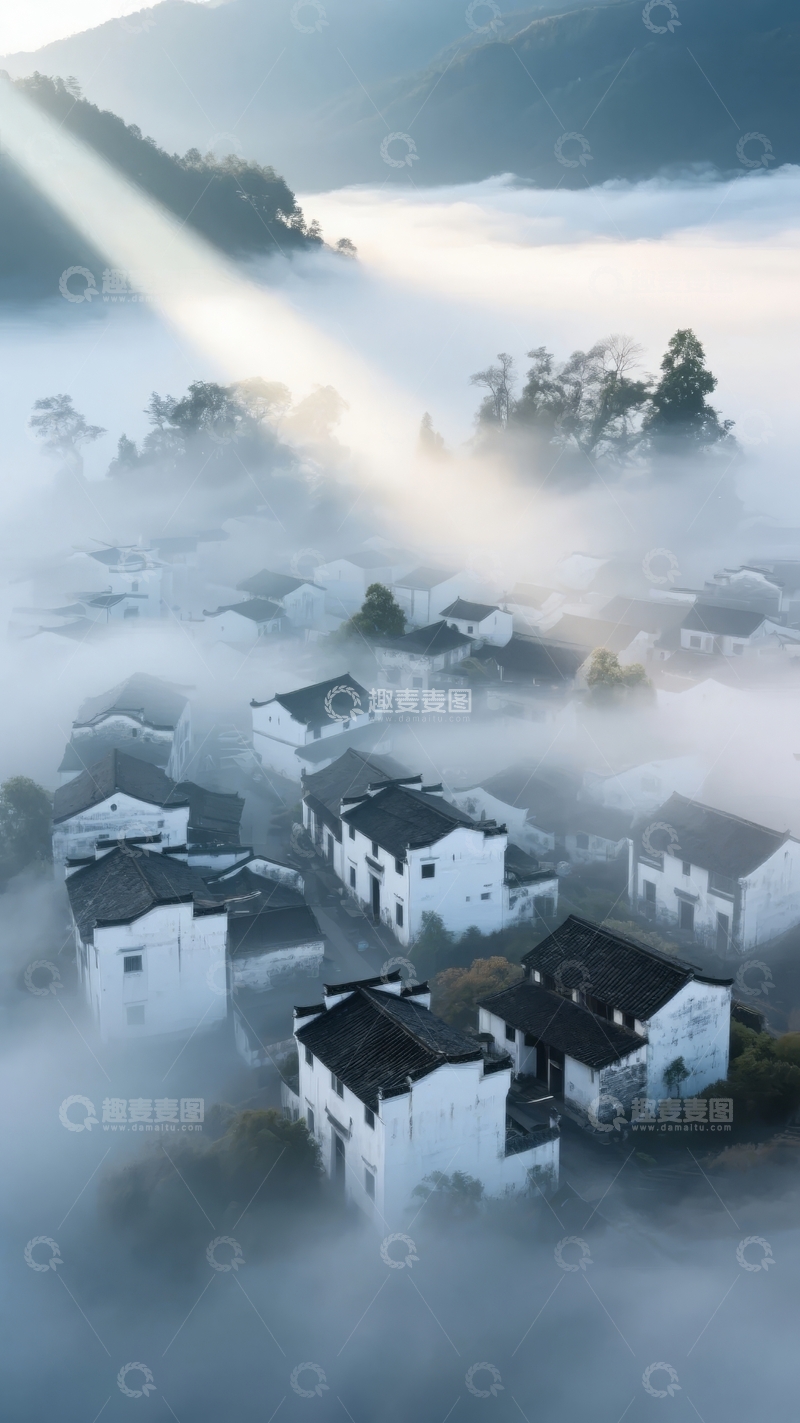 高清大图下载【趣麦麦图】晨雾缭绕的古村落阳光穿透云层