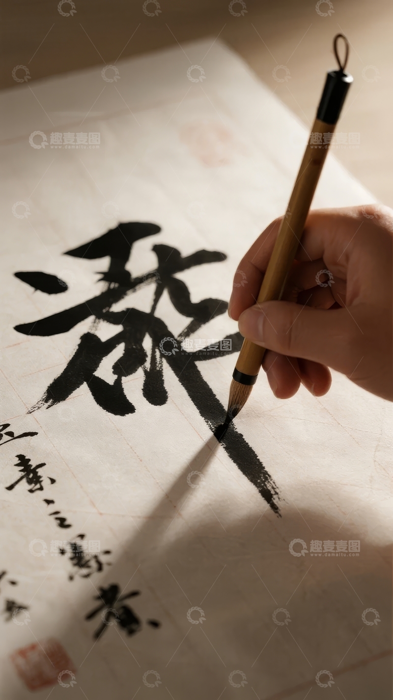 高清大图下载【趣麦麦图】手握毛笔正在宣纸上书写书法