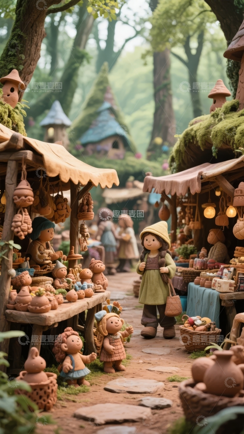 高清大图下载【趣麦麦图】奇幻森林中的手工艺品市集热闹非凡