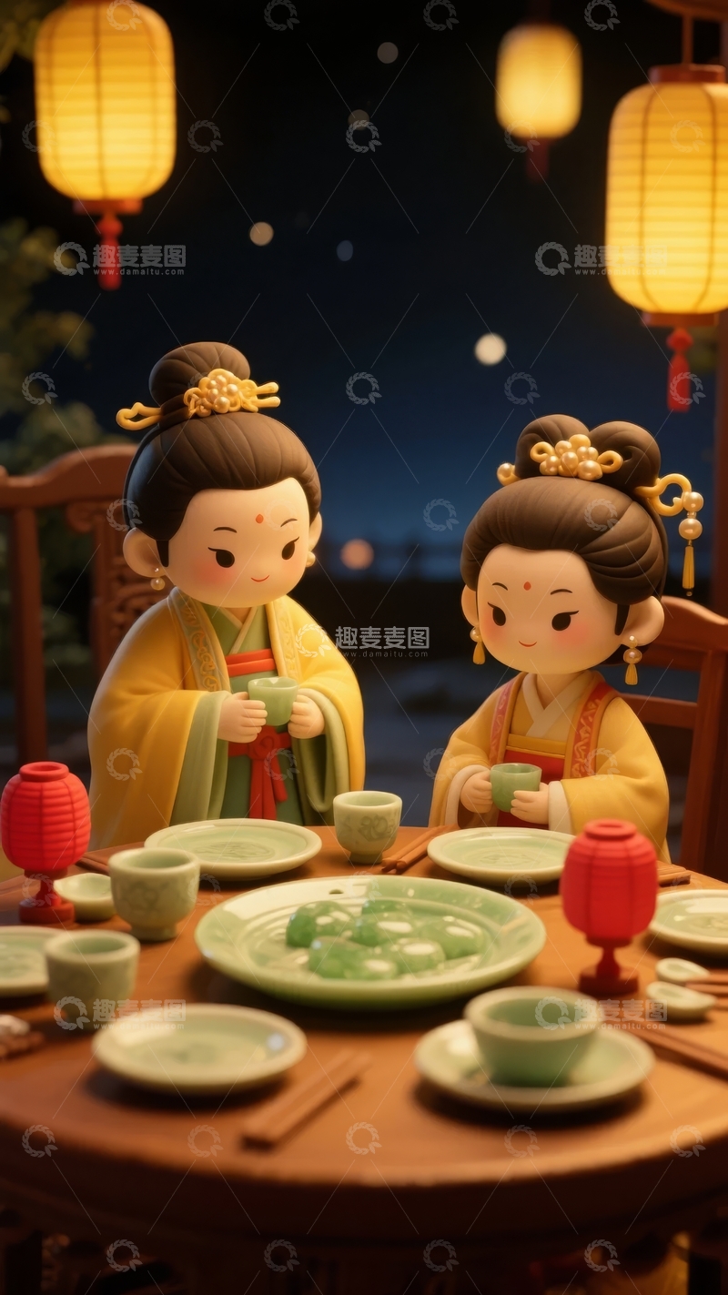 高清大图下载【趣麦麦图】两位身着古装女子在灯笼下共进晚餐