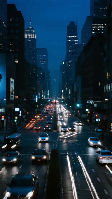 夜晚城市街道车流穿梭高楼林立