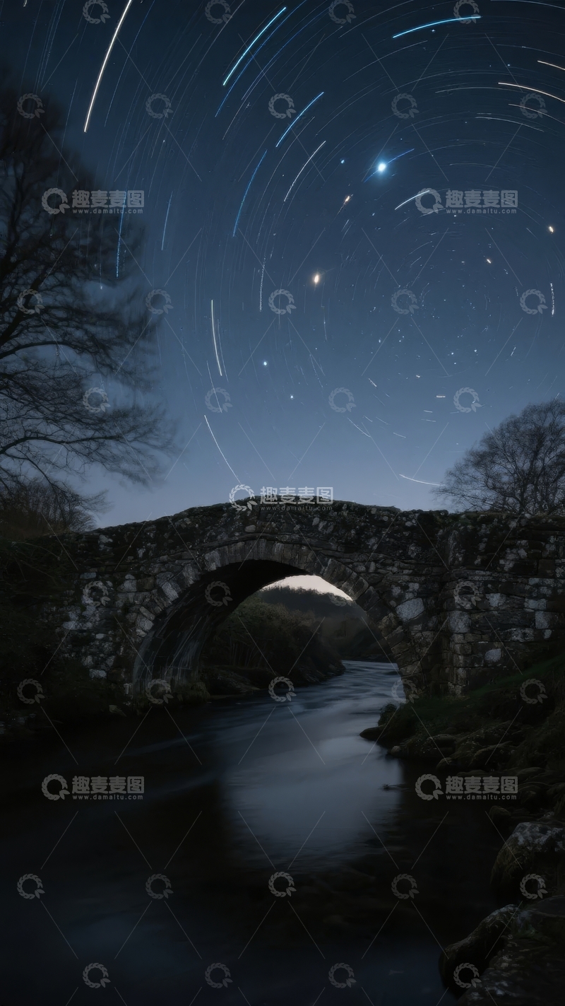 高清大图下载【趣麦麦图】夜空下石桥与星轨交织的宁静景象