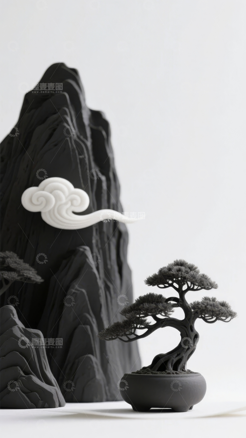 高清大图下载【趣麦麦图】黑白艺术盆景与云纹装饰山石静谧场景