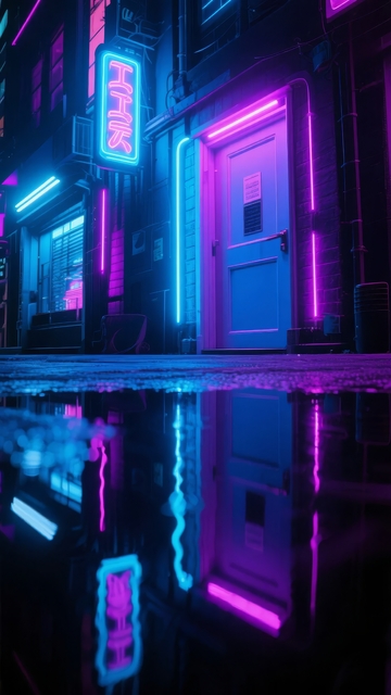 霓虹灯照亮的夜晚街道水面倒影