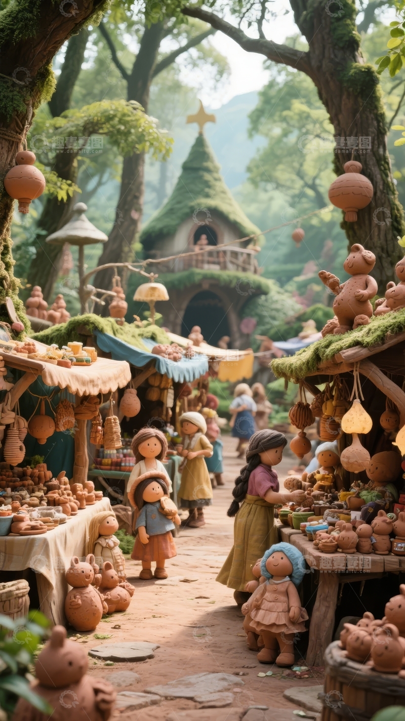 高清大图下载【趣麦麦图】奇幻森林市集摆满陶艺娃娃与装饰品