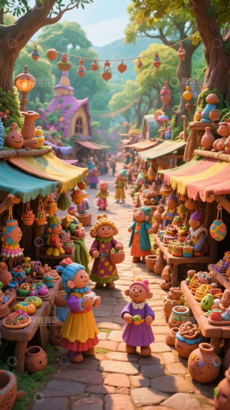 高清大图下载【趣麦麦图】奇幻风格的热闹市集街道两旁摆满各式手工艺品