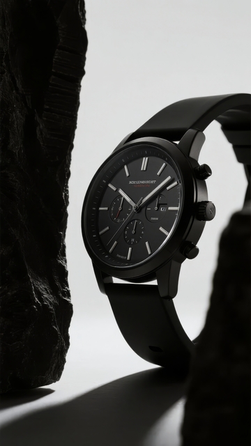 黑色手表置于岩石旁的简约时尚摄影