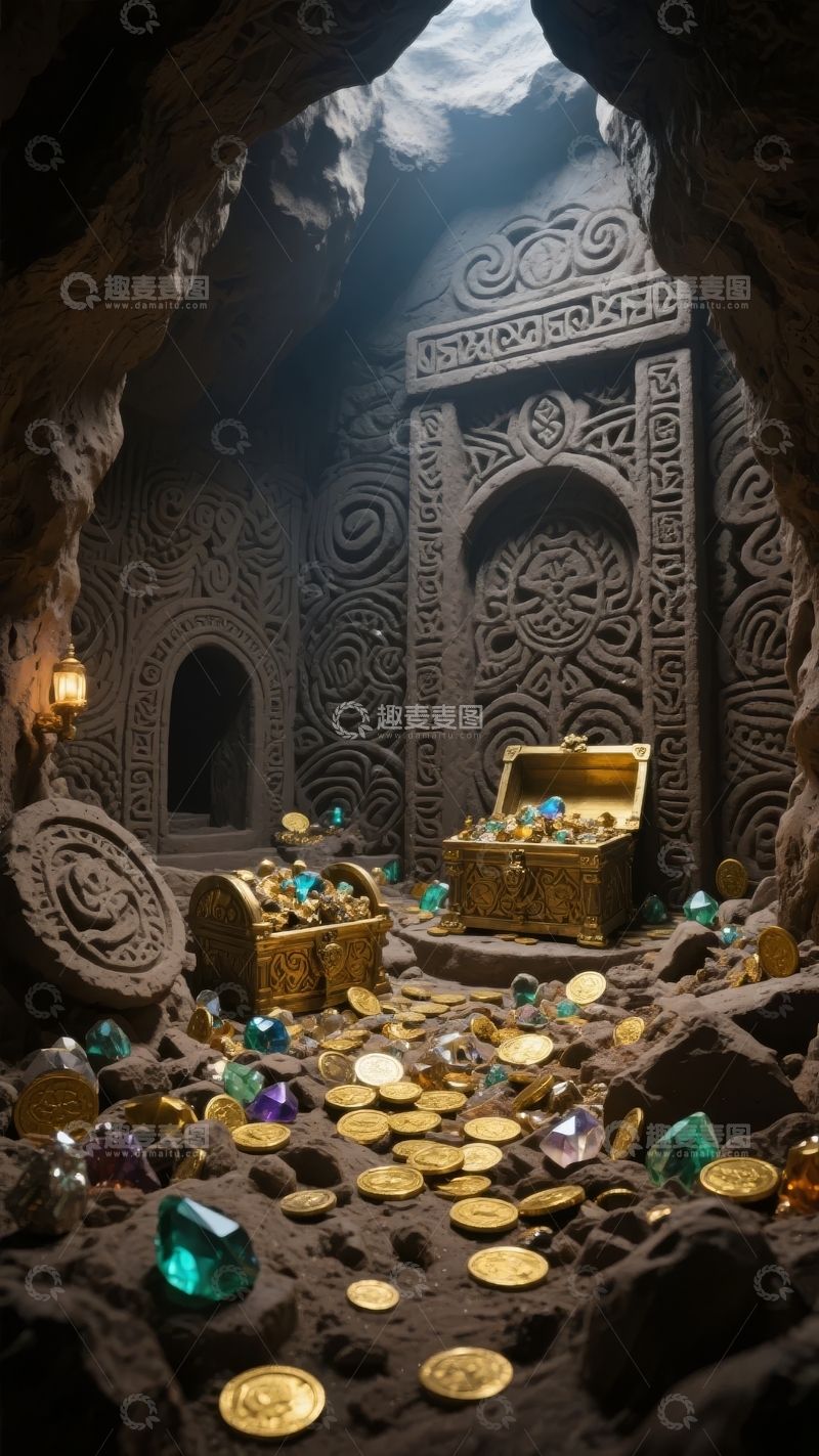 高清大图下载【趣麦麦图】神秘洞穴中藏宝箱与璀璨宝石