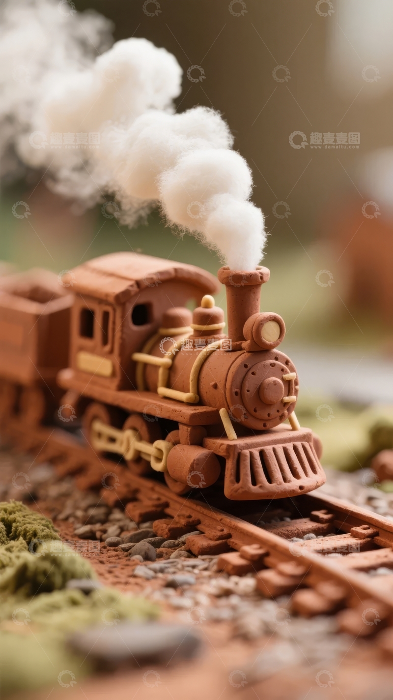 高清大图下载【趣麦麦图】-复古蒸汽火车模型行驶在轨道上冒出白色烟雾