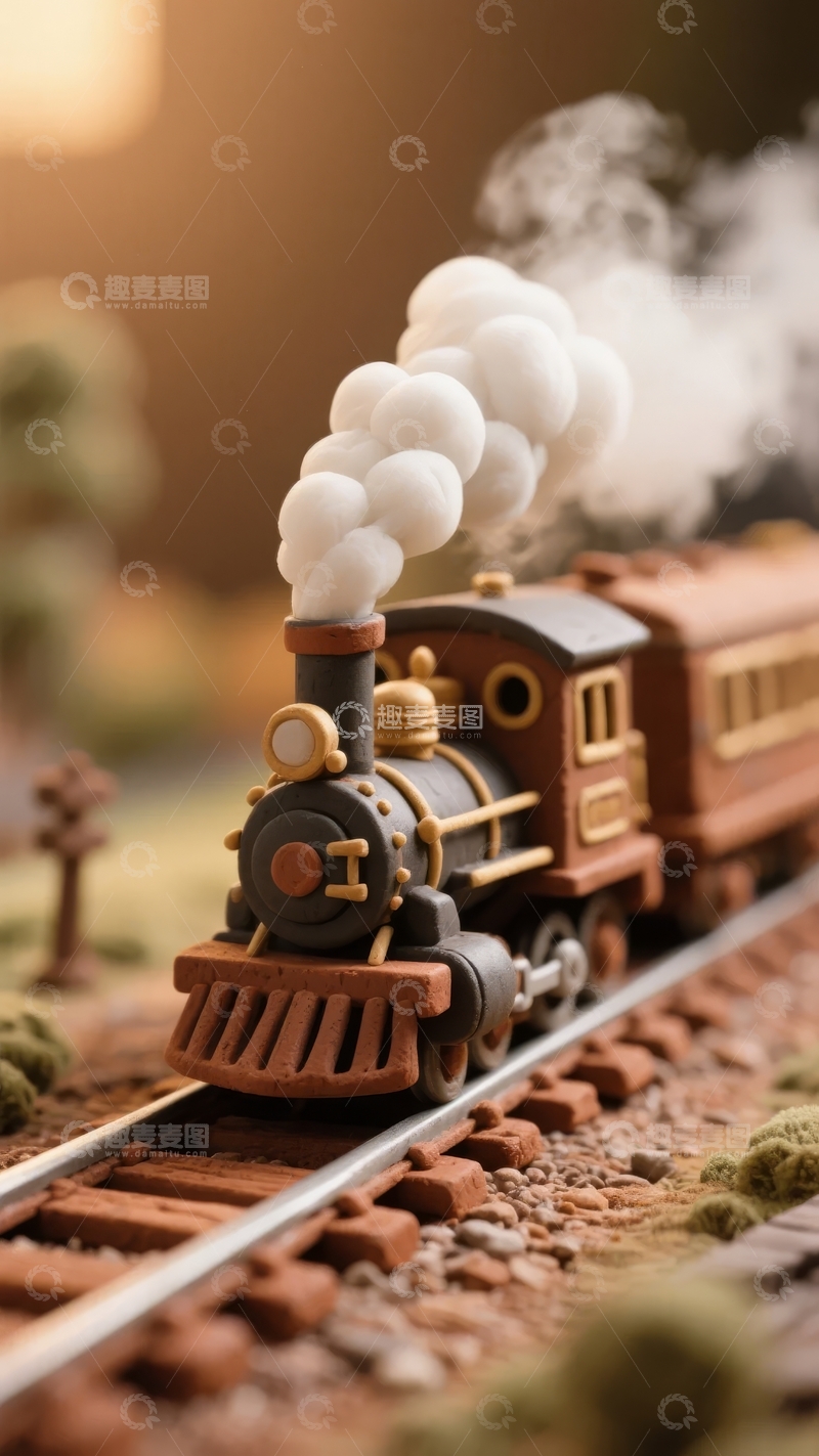 高清大图下载【趣麦麦图】复古蒸汽火车模型在轨道上喷出白色烟雾