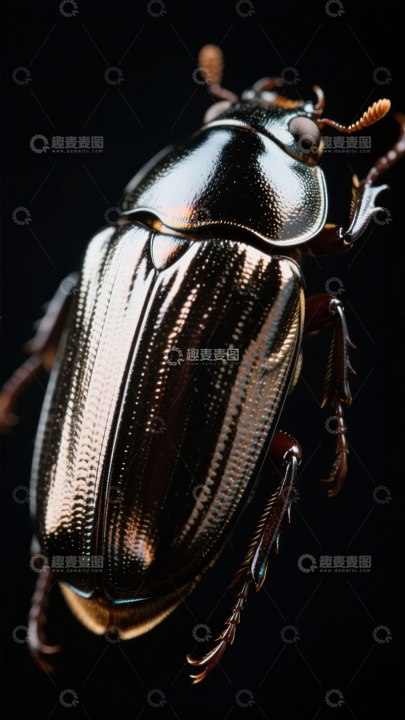 高清大图下载【趣麦麦图】黑色背景下的甲虫特写展示其金属光泽外壳