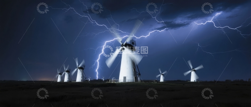 高清大图下载【趣麦麦图】雷电交加的夜空下风车群景观