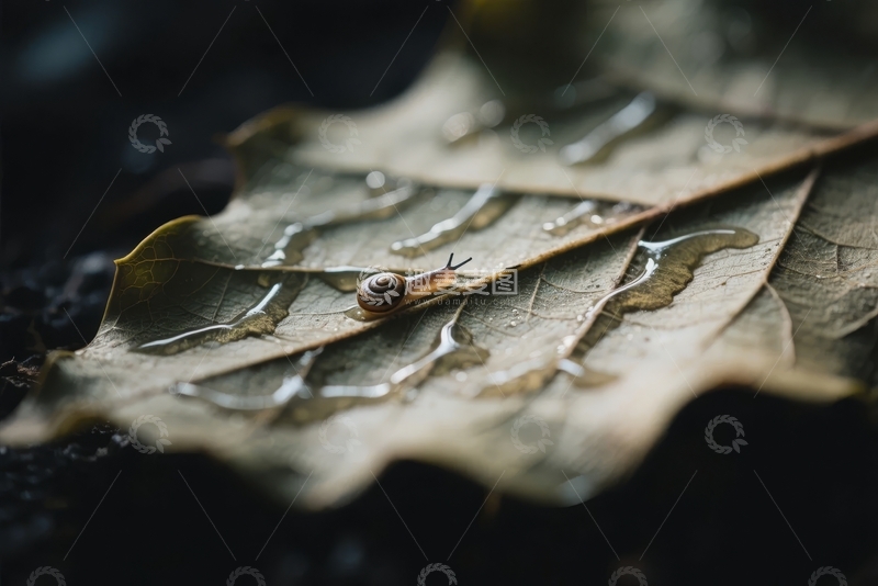 高清大图下载【趣麦麦图】蜗牛在湿润枯叶上缓缓爬行